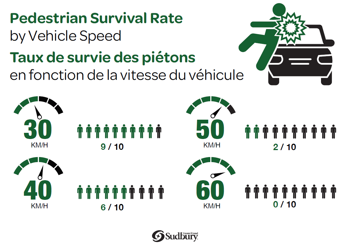 Taux de survie des pietons en fonction de la vitesse du vehicule: 30km/h 9/10, 40km/h 6/10, 50 km/h, 2/10, 60 km/h 0/10