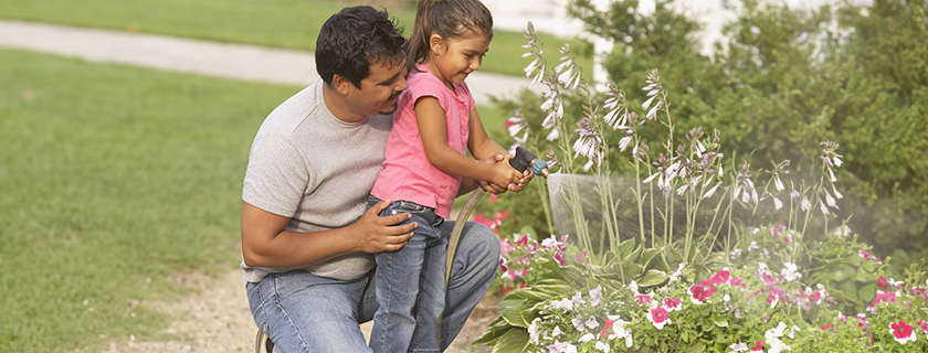 Un père et sa fille arrosant un jardin de fleurs.