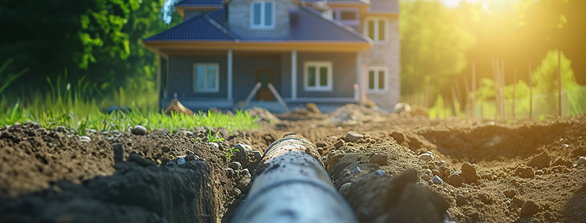 Une canalisation d'eau en plomb menant dans la cour avant d'une maison.